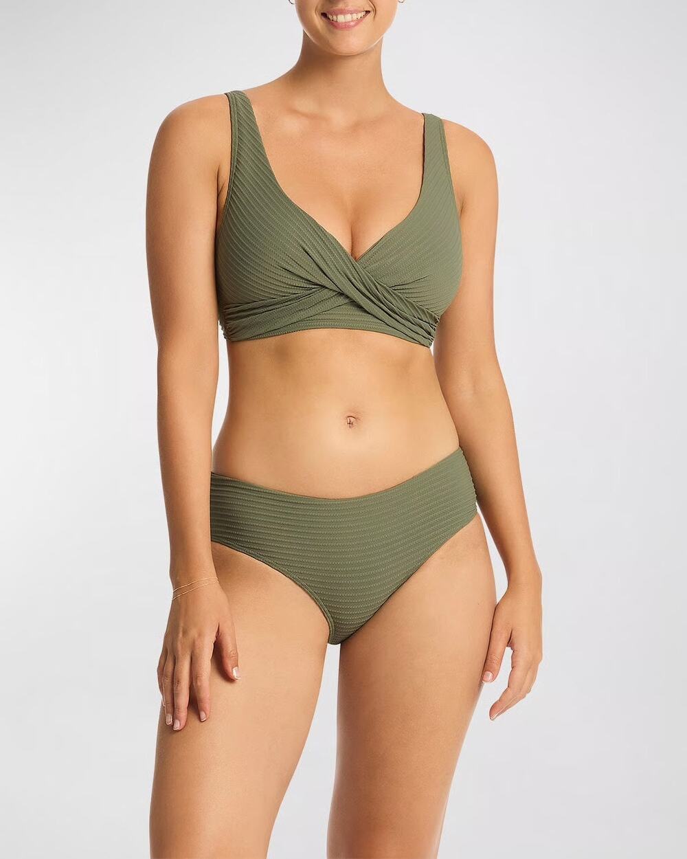 Sea Level Eco Essentials Cross Front Khaki Green Multifit Bra Bikini Top Size 10